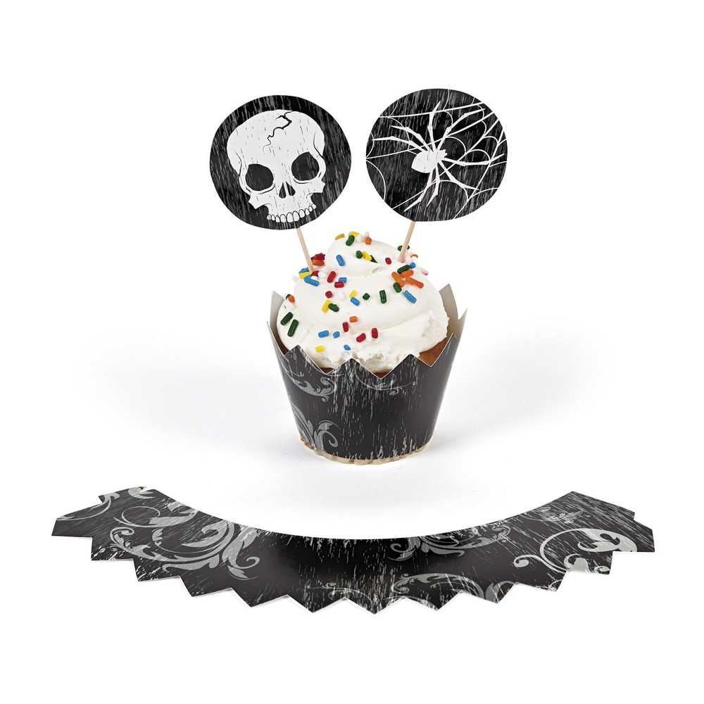 50 Halloween Cupcake Toppers + Wrappers Set Skull Spider Web Gothic Party Decor